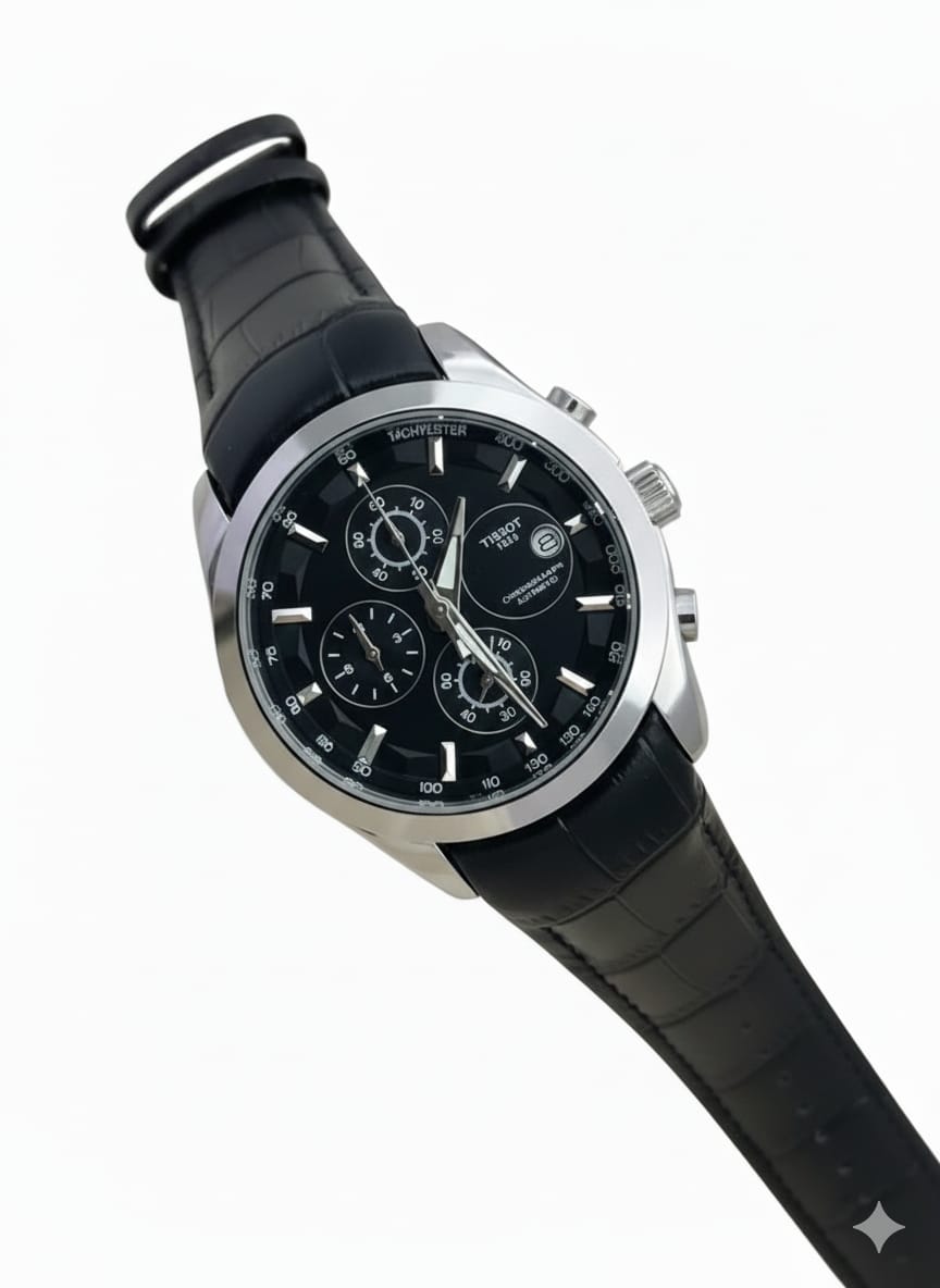 Tissot with a Silver dial, black leather strap